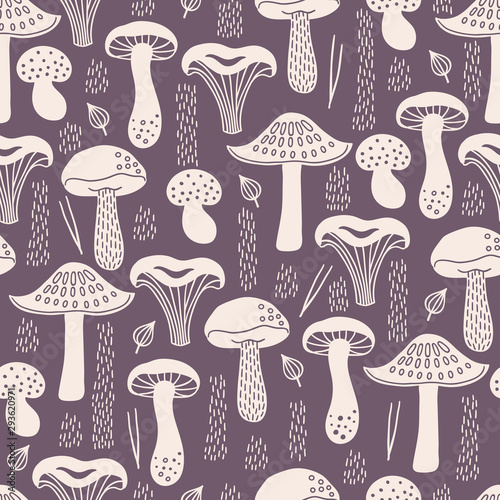 Autumn seamless pattern with white silhouette mushrooms, leaves, fir needles