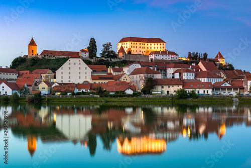 Illuminated City of Ptuj in Slovenia at Twilight