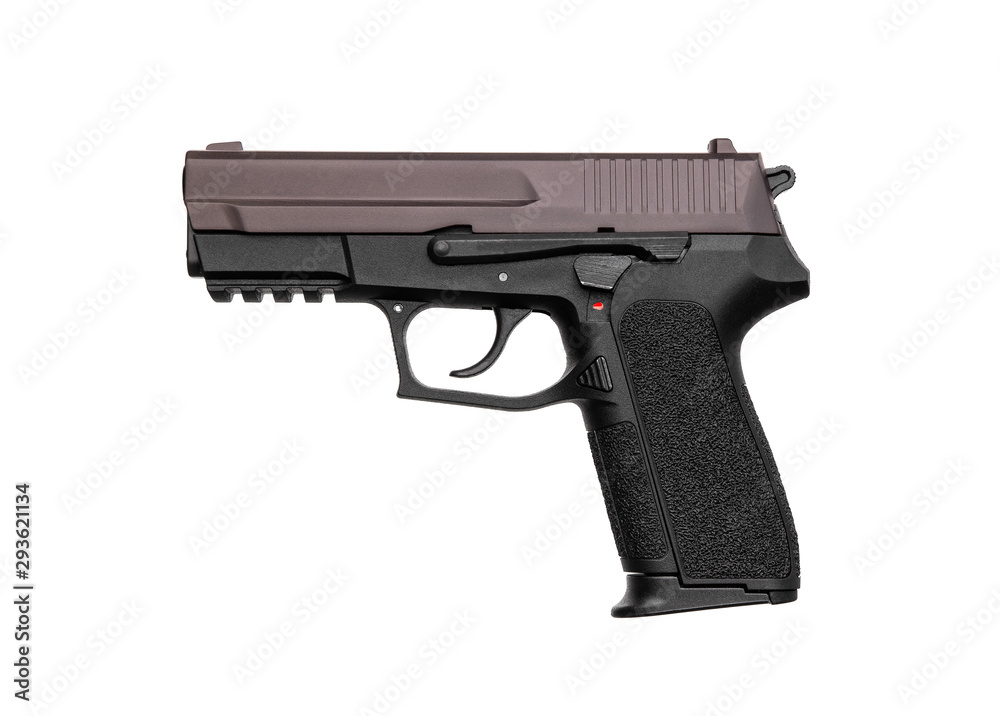 Modern black-brown gun isolate on a white background. Weapons for sports shooting and self-defense.