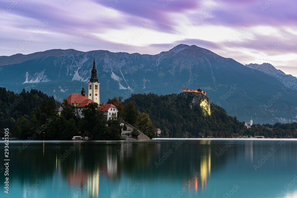 Famous Lake Bled in Slovenia with Church on Island. Long Exposure Photography