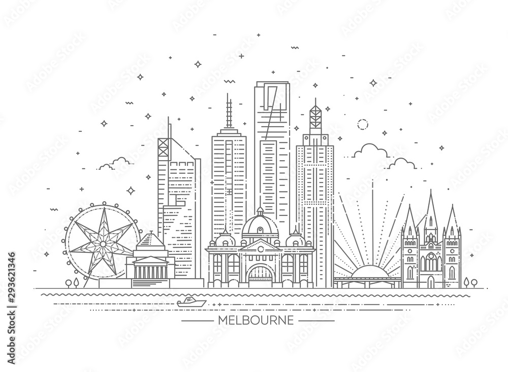 Obraz premium Panoramę miasta Melbourne w Australii na białym tle. Ilustracji wektorowych