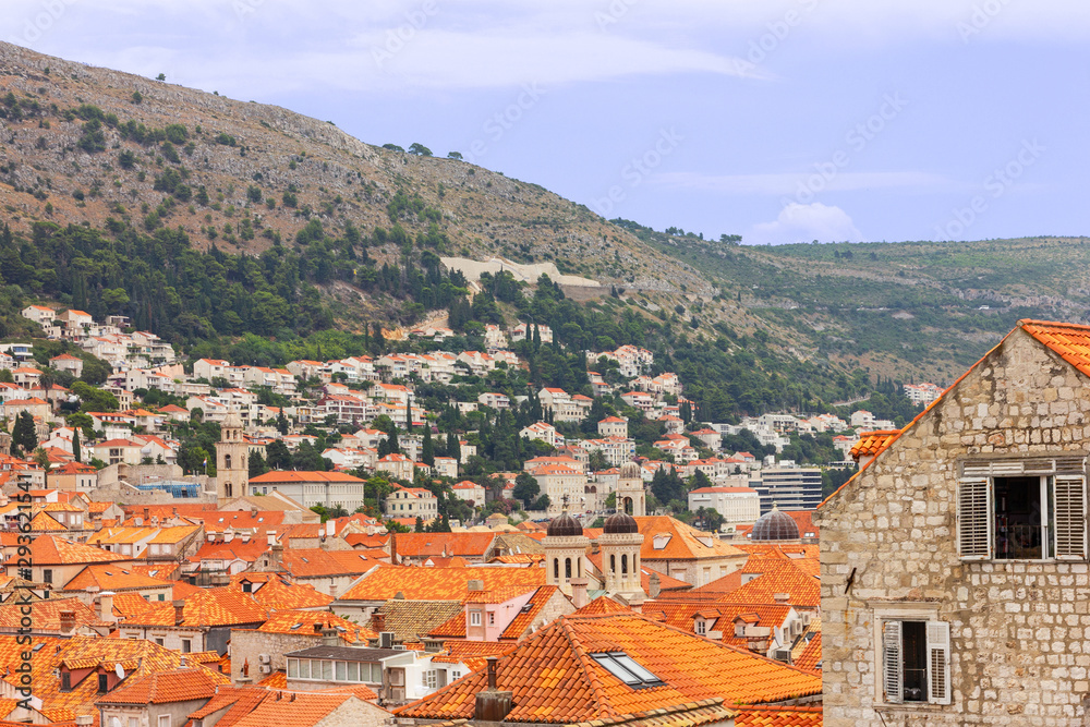 Dubrovnik town houses with red roofs landscape view, Croatia