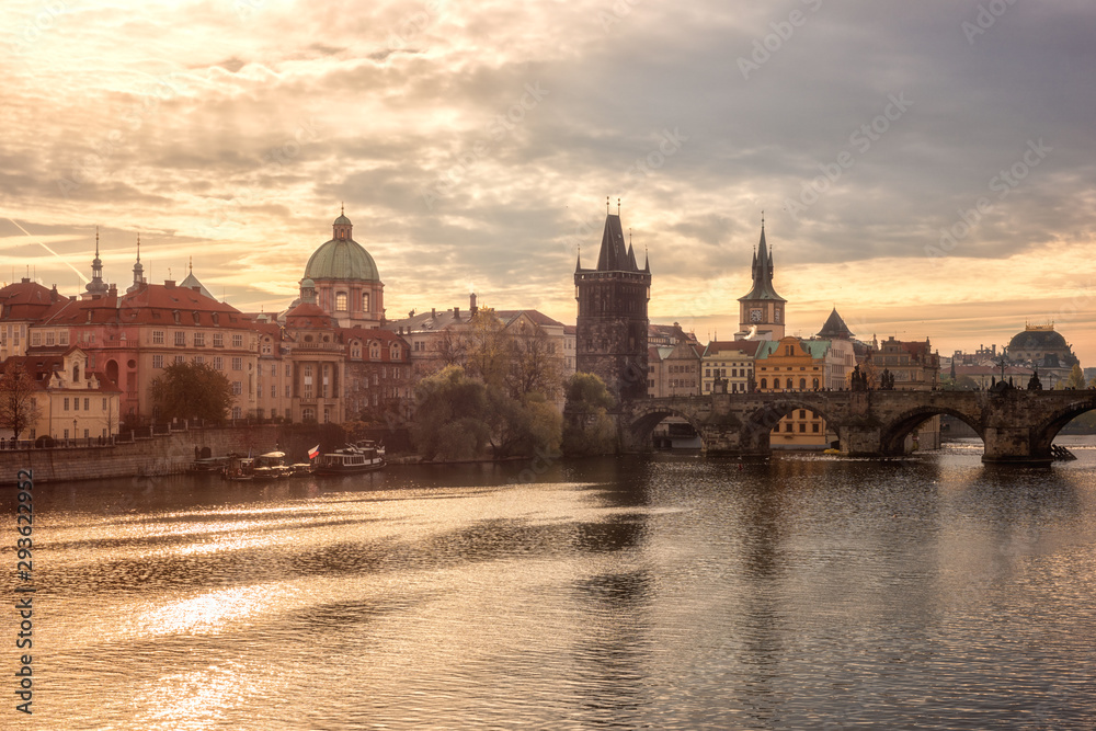 Prague Olt Town and Charles bridge, view from the Manes bridge in the morning, historic cityscape, Czech Republic, travel background