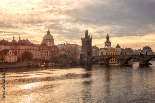 Prague Olt Town and Charles bridge, view from the Manes bridge in the morning, historic cityscape, Czech Republic, travel background © larauhryn