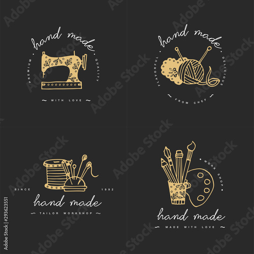 Handmade colorful line logos set. Handmade linear badges or outline labels. Knitwear and sewing symbols. Golden color. Vector illustration.