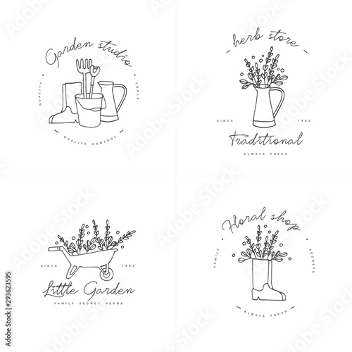 Vector set of logos, badges and icons for farmers and garden tools flowers shop. Collection symbol of gardening.
