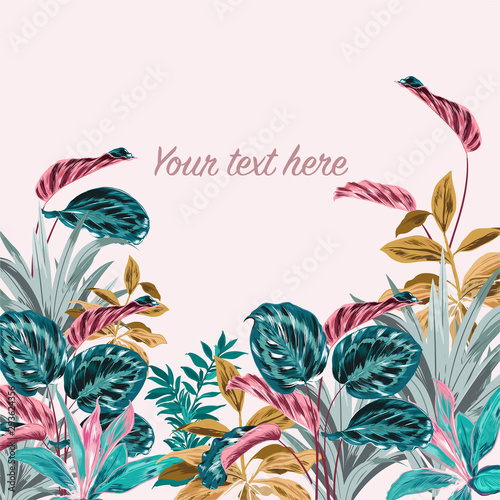 Beautiful Summer sweet tropical vector  design for banner or flyer with pastel retro plants , palm leaves with text