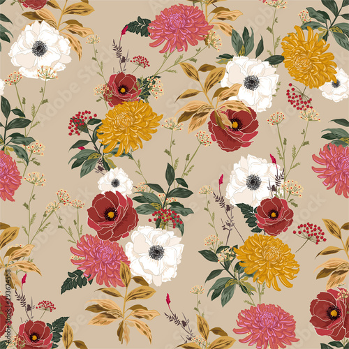 Retro blooming flower pattern in the many kind of florals. Botanical Motifs  Seamless vector texture. For fashion prints. Printing with in hand drawn style