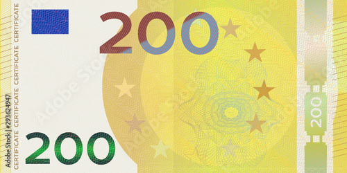 Voucher template banknote 200 euro with guilloche pattern watermarks and border. Yellow background banknote, gift voucher, coupon, money design, currency,note,check, cheque, reward, certificate design