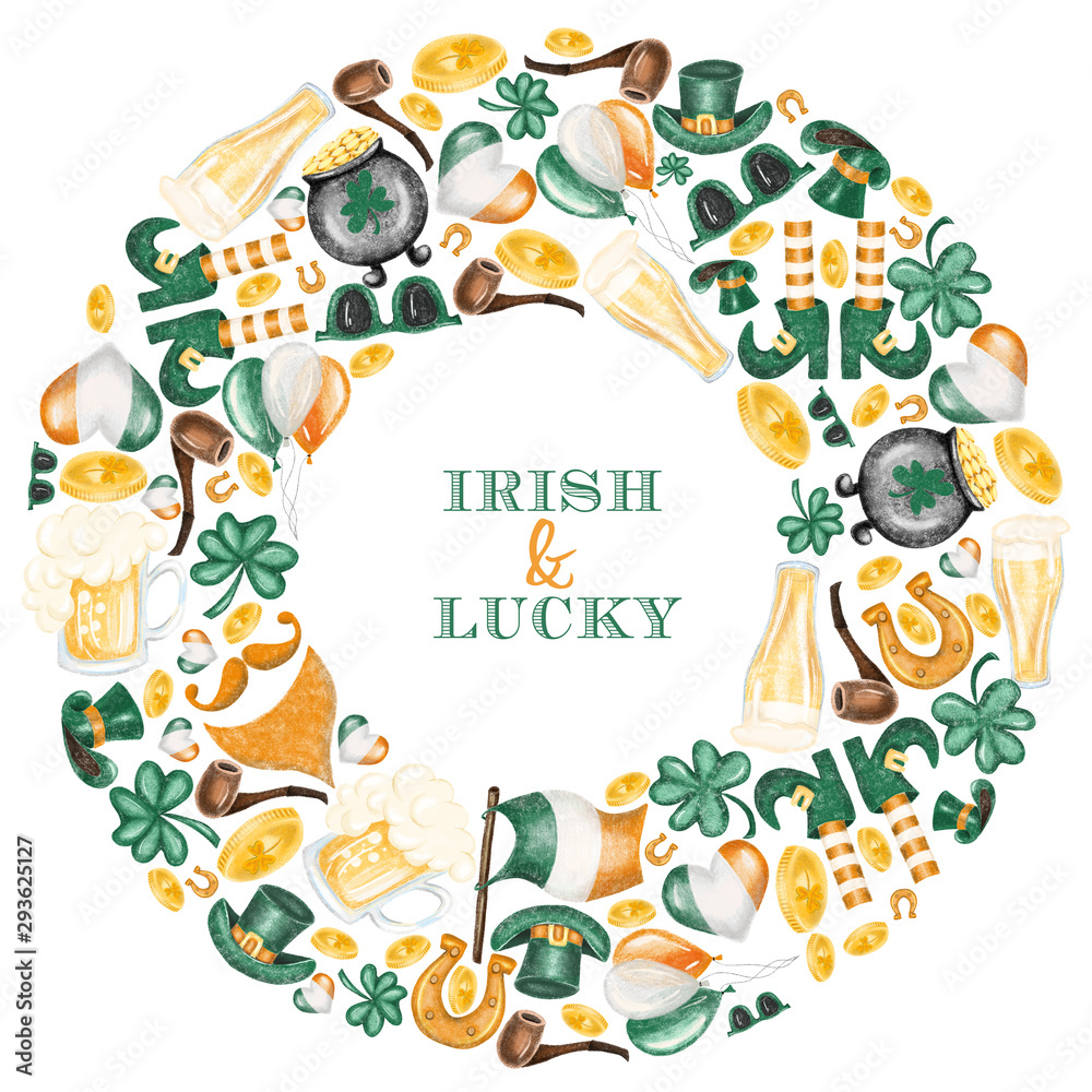Wreath of elements to St.Patrick's Day celebration, hand drawn on a white background