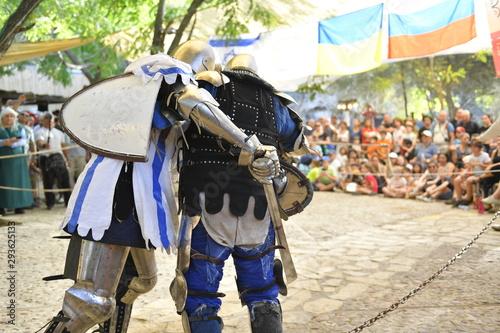 Knights are fighting on the battlefield during the festival "Jerusalem Knights 2019"