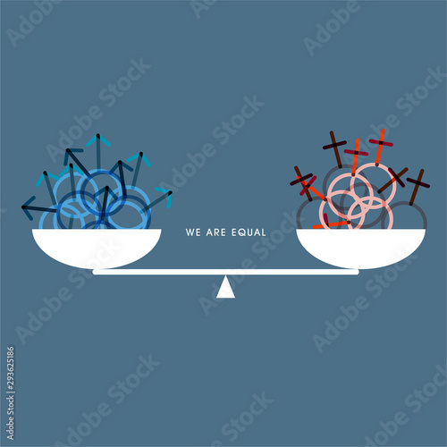 Symbol of gender equality vector concept  on scales on the same weight. Symbol of equal pay, salary, fairness and justice design for all graphic type