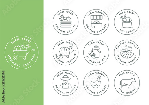 Vector set of logos, badges and icons for natural farm and health products. Collection symbol of localy grown and organic food.
