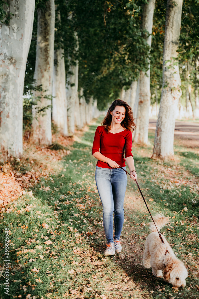 beautiful caucasian woman walking with her cute brown poodle on the road. Pets and lifestyle outdoors beautiful caucasian woman walking with her cute brown poodle on the road. Pets and lifestyle outdoors