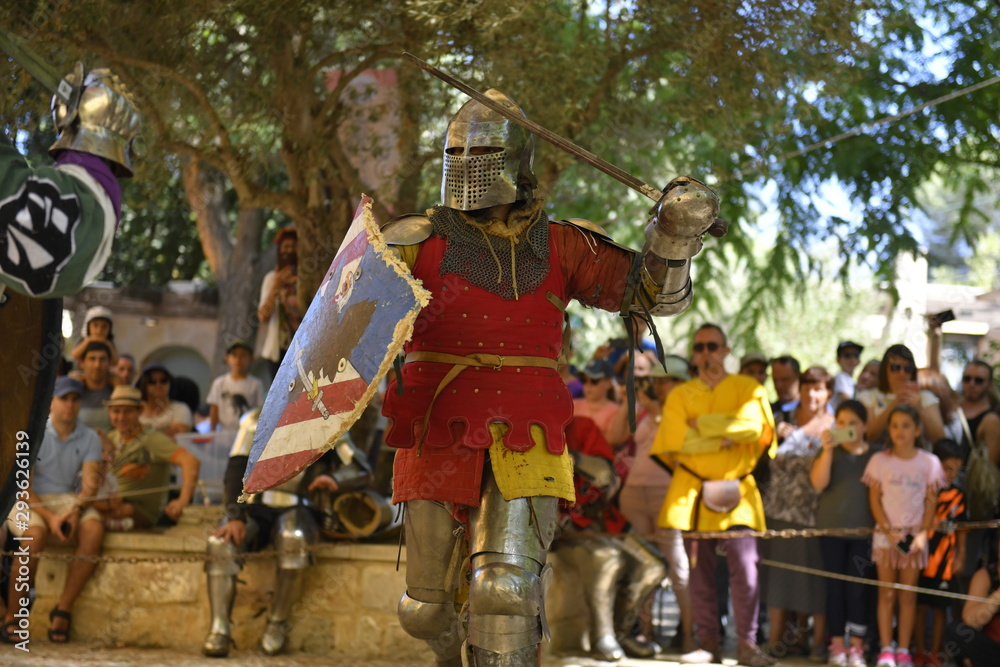 Knights are fighting on the battlefield during the festival 