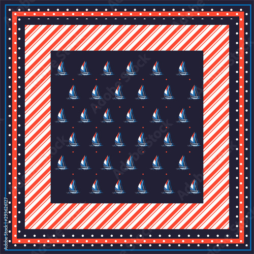 Stylish summer scarf beach wind surfing illustration  with red stripe and polka dots and line  seamless pattern on vector . Design for fashion , fabric,wallpaper, wrapping and all