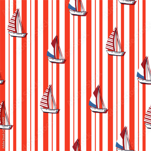 Seamless summer sea and ocean pattern with sailing ships  with red striped background.