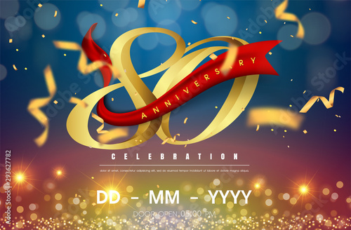 80 years anniversary logo template on gold and blue background. 80th celebrating golden numbers with red ribbon vector and confetti isolated design elements
