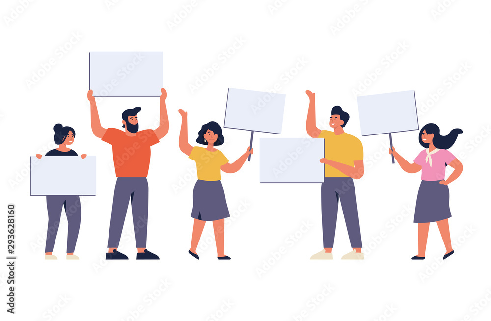 Vector illustration set of smiling young men and women holding clean placards. People characters demonstrating empty banners. Vector illustration set of smiling young men and women holding clean placards. People characters demonstrating empty banners.