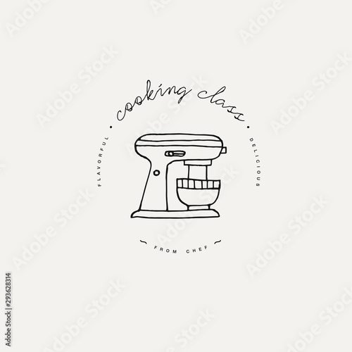 Cooking class linear design element, kitchen emblem, symbol, icon or food studio label. Cooking courses sign template or logo, identity, culinary school.