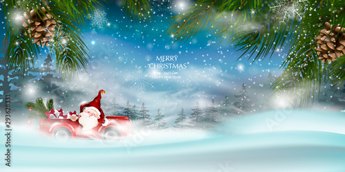 Merry Christmas design card with Santa Claus driving red car on snowy hills.