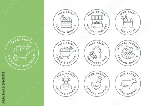 Vector set of logos, badges and icons for natural farm and health products. Collection symbol of localy grown and organic food.