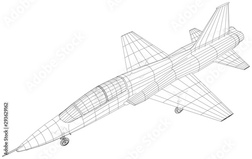 Outline Airplane. Vector rendering of 3d. Wire-frame style. The layers of visible and invisible lines are separated.