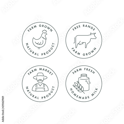 Vector set of logos, badges and icons for natural farm and health products. Collection symbol of localy grown and organic food. Concept illustration for farmers market. Infographic.