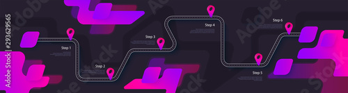 Road map and journey route infographics template. Winding road timeline illustration. Dark theme. Flat vector illustration. Eps 10