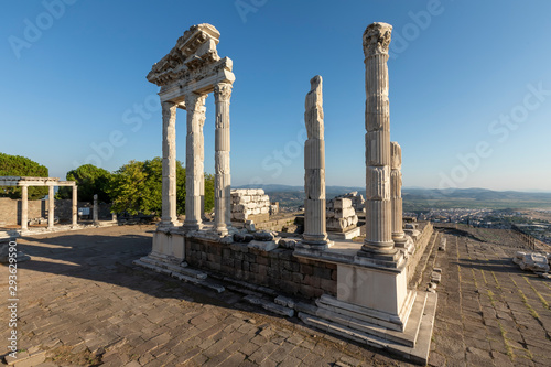 Ruins and columns of Temple of Trajan at Acropolis of Pergamon, Turkey. UNESCO world heritage site