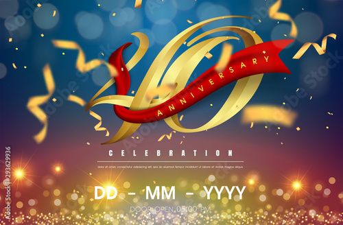 40 years anniversary logo template on gold and blue background. 40th celebrating golden numbers with red ribbon vector and confetti isolated design elements