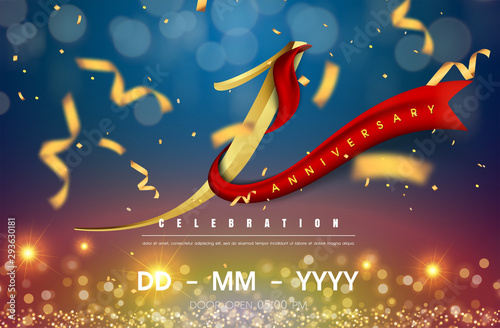 1 years anniversary logo template on gold and blue background. 1st celebrating golden numbers with red ribbon vector and confetti isolated design elements