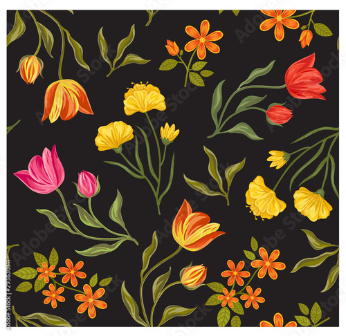  Trendy floral seamless pattern on black background. For dresses, t-shirt, wallpaper, decorative paper and other design.