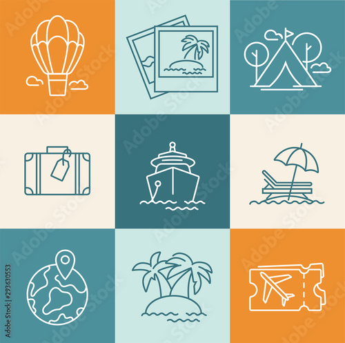 Vector set design colorful templates logos and emblems - travel agency and different types of tourism. Concep travel icon. Logos in trendy linear style isolated on white background.