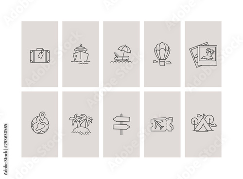 Vector set design colorful templates icons and emblems - social media story highlight. Travel agency and different types of tourism icons in trendy linear style isolated on white background.