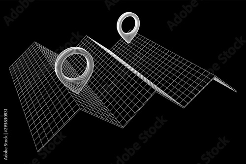 Geo map pin with folding map wireframe mesh