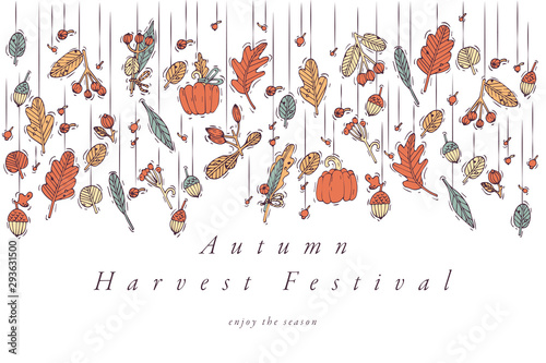 Vector linear design Harvest festival greetings card. Typography ang icon for autumn holiday background, banners or posters and other printables.