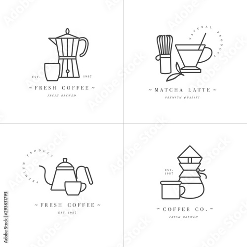 Vector set design colorful templates logos and emblems - coffee shop and cafe. Food icon. Labels in trendy linear style isolated on white background. photo