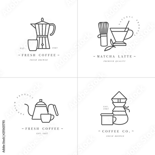 Vector set design colorful templates logos and emblems - coffee shop and cafe. Food icon. Labels in trendy linear style isolated on white background.