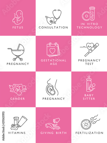 Vector set icons of obstetrics and pregnancy. Line flat contour, thin and linear design for adoption and babysitter. Simple icons.