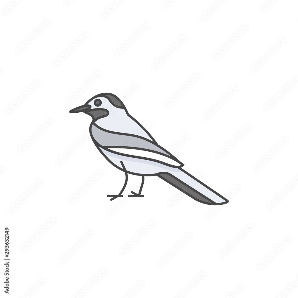 Obraz Wektor ikona liniowej projekt pliszka ptak na białym tle. Pliszka kolorowe emblematy lub odznaki.