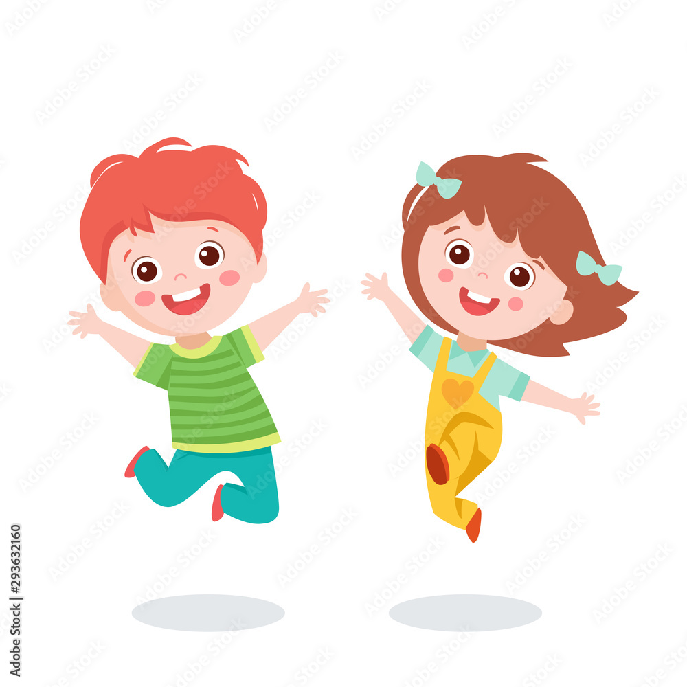 Cartoon Children Jumping On White Background Vector Illustration. Happy Girl  And Boy Jumping Together. Happy Cartoon Child Playing Vector. Stock Vector  | Adobe Stock