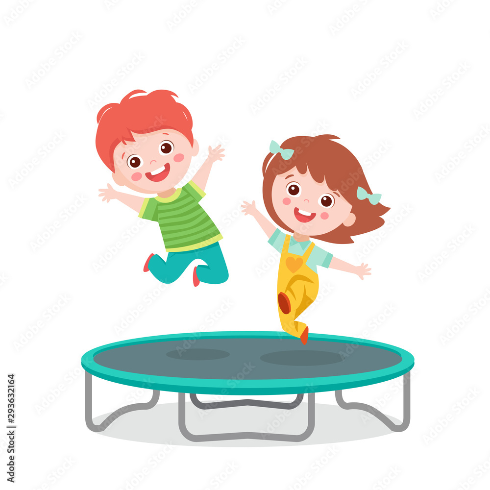 Cartoon Children Jumping On Trampoline On White Background Vector  Illustration. Happy Girl And Boy Jumping Together On Trampoline. Happy  Cartoon Child Playing Vector. Stock Vector | Adobe Stock