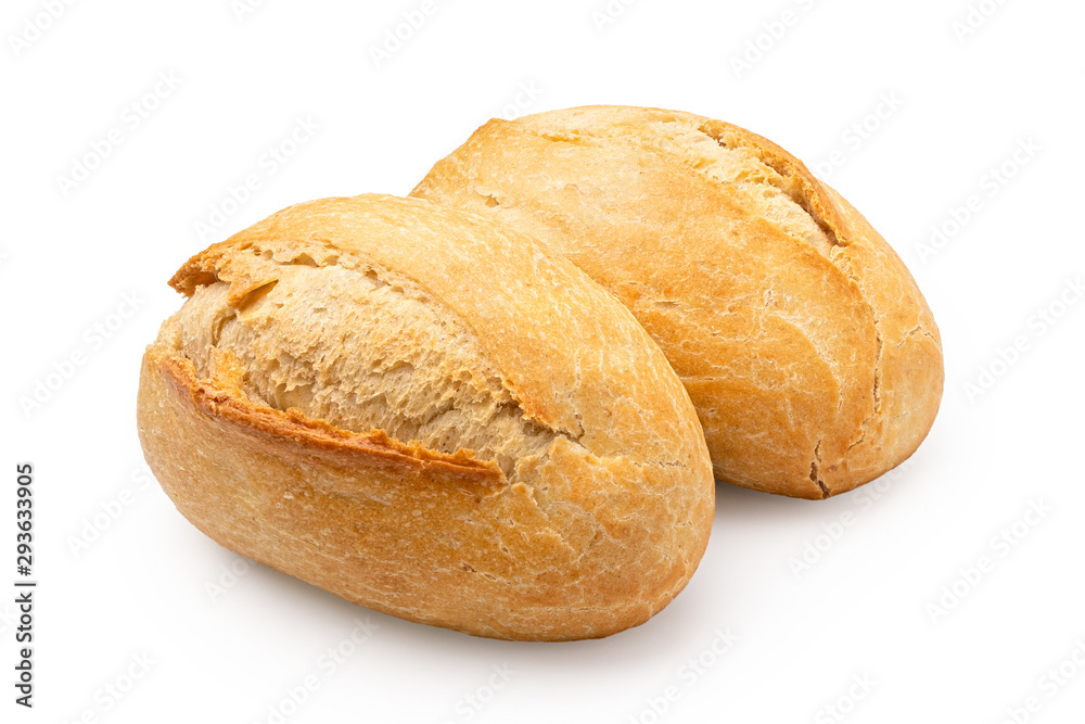 Two white french bread rolls isolated on white. Two white french bread rolls isolated on white.