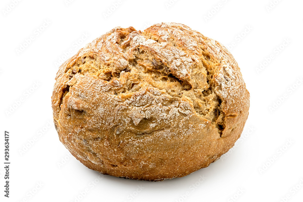 Round rustic whole wheat bread roll isolated on white.