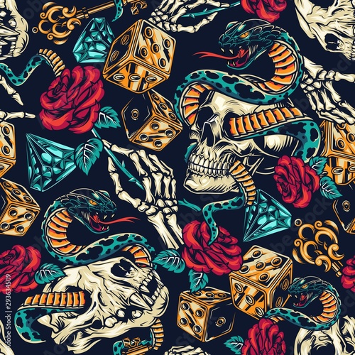 Vintage tattoos colorful seamless pattern