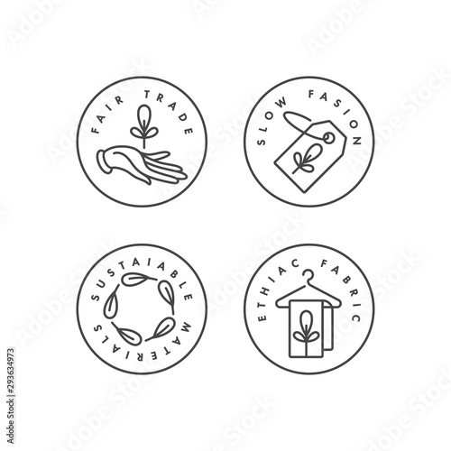Vector set of logos, badges and icons for eco-friendly manufacturing and organic products. Eco safe sign design. Collection symbol of natural certified producing of clothes.