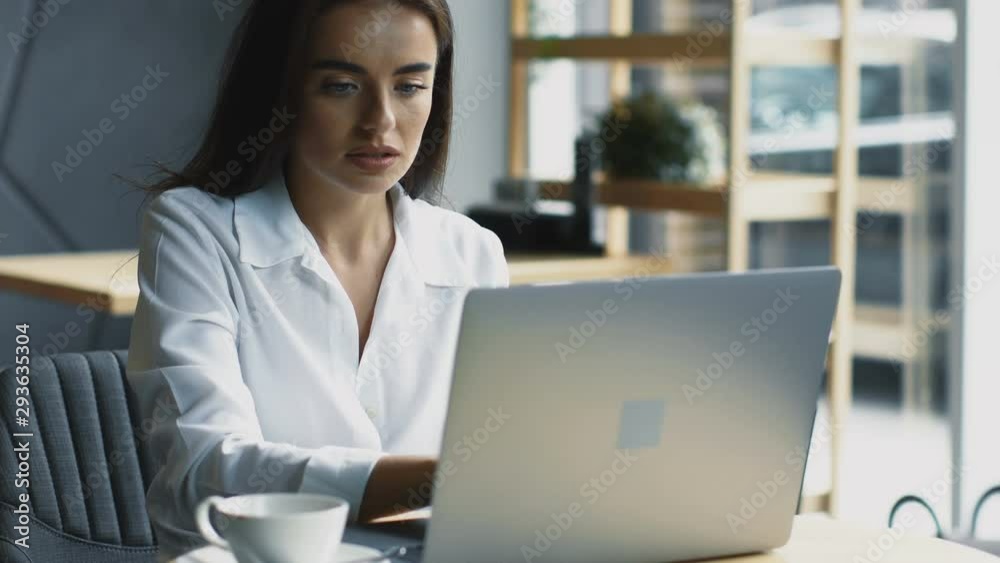 beautiful woman working in cafe on her laptop with camera movement beautiful woman working in cafe on her laptop with camera movement
