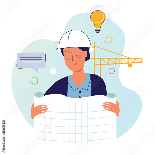 Architect holding drawing paper in construction site with helmet and crane