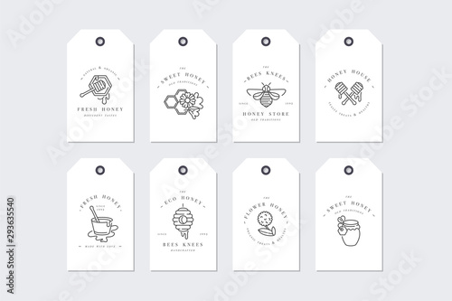 Vector set illustartion logos and design templates or badges. Organic and eco honey labels and tags with bees. Linear style.